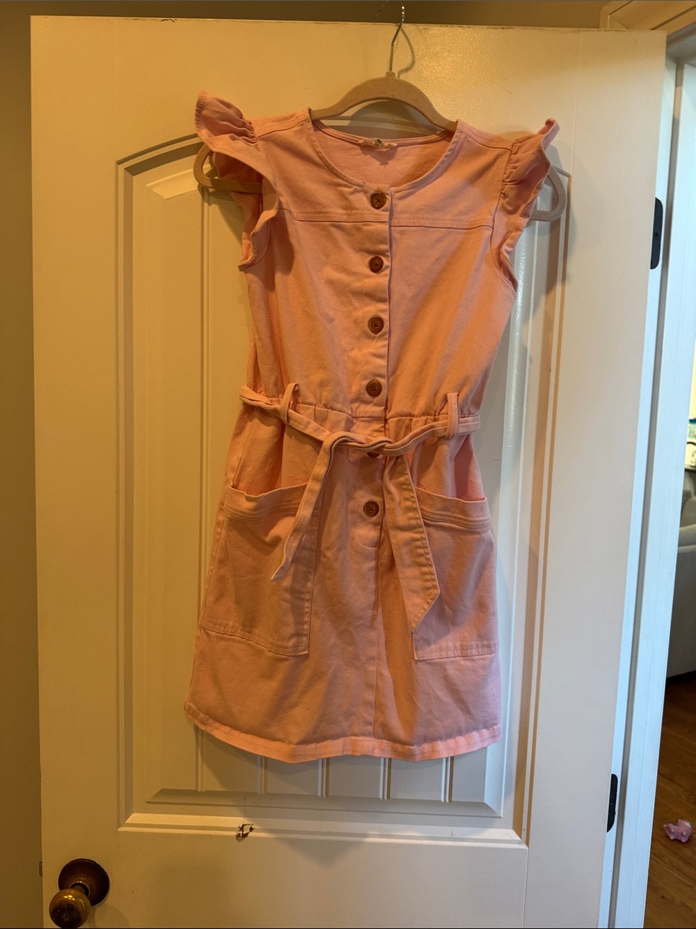 Girls' Pink Button-Front Tie Waist Dress